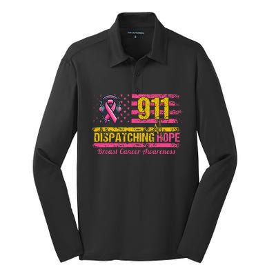 911 Dispatcher Breast Cancer Awareness American Flag Silk Touch Performance Long Sleeve Polo