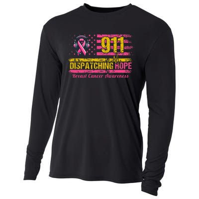 911 Dispatcher Breast Cancer Awareness American Flag Cooling Performance Long Sleeve Crew