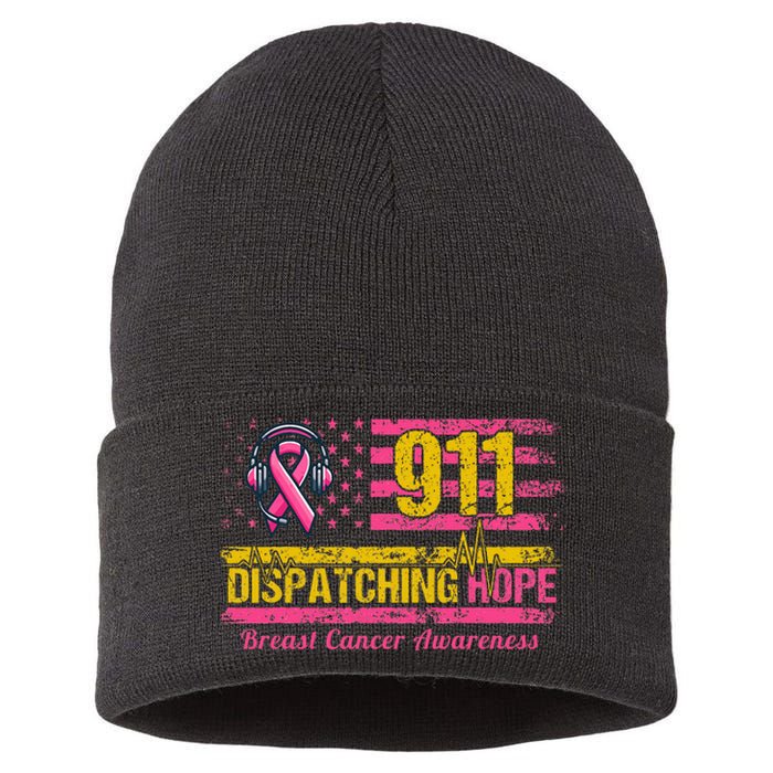 911 Dispatcher Breast Cancer Awareness American Flag Sustainable Knit Beanie