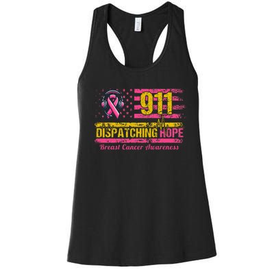 911 Dispatcher Breast Cancer Awareness American Flag Women's Racerback Tank