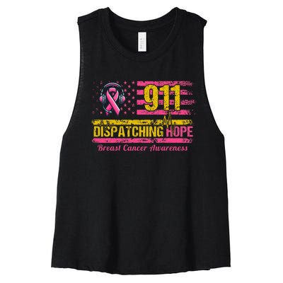 911 Dispatcher Breast Cancer Awareness American Flag Women's Racerback Cropped Tank