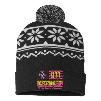 911 Dispatcher Breast Cancer Awareness American Flag USA-Made Snowflake Beanie