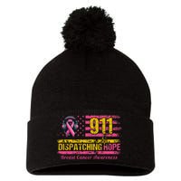 911 Dispatcher Breast Cancer Awareness American Flag Pom Pom 12in Knit Beanie