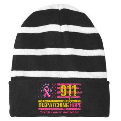 911 Dispatcher Breast Cancer Awareness American Flag Striped Beanie with Solid Band