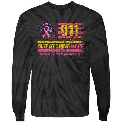 911 Dispatcher Breast Cancer Awareness American Flag Tie-Dye Long Sleeve Shirt