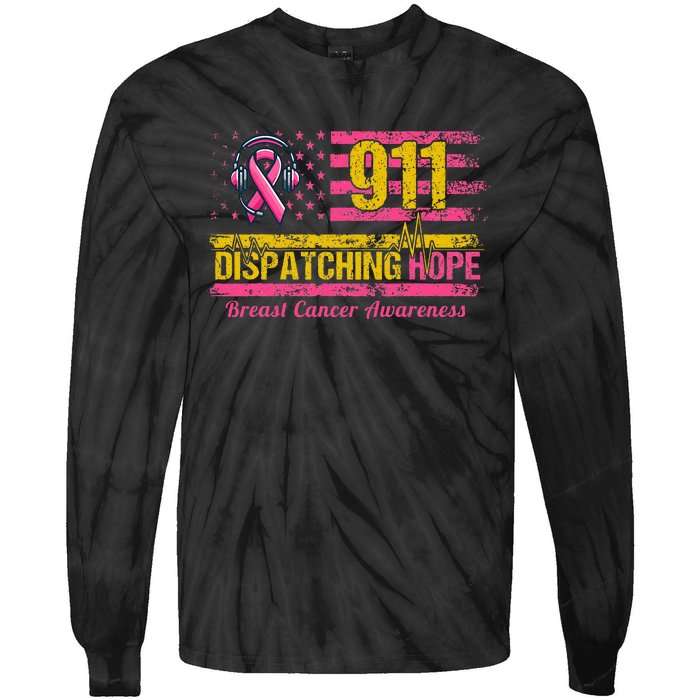 911 Dispatcher Breast Cancer Awareness American Flag Tie-Dye Long Sleeve Shirt