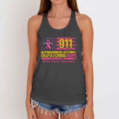 911 Dispatcher Breast Cancer Awareness American Flag Women's Knotted Racerback Tank