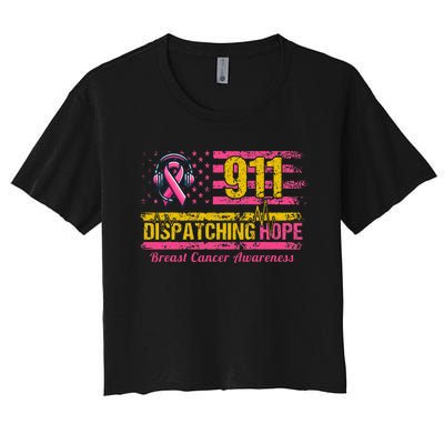 911 Dispatcher Breast Cancer Awareness American Flag Women's Crop Top Tee