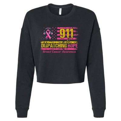 911 Dispatcher Breast Cancer Awareness American Flag Cropped Pullover Crew