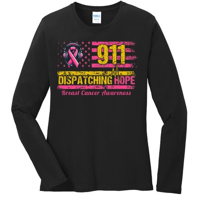 911 Dispatcher Breast Cancer Awareness American Flag Ladies Long Sleeve Shirt