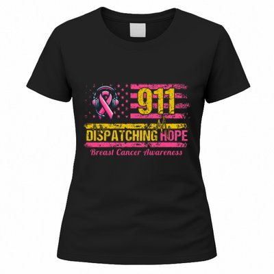 911 Dispatcher Breast Cancer Awareness American Flag Women's T-Shirt