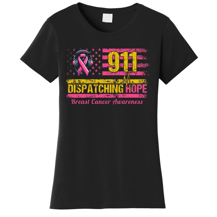 911 Dispatcher Breast Cancer Awareness American Flag Women's T-Shirt