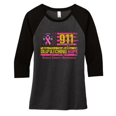 911 Dispatcher Breast Cancer Awareness American Flag Women's Tri-Blend 3/4-Sleeve Raglan Shirt