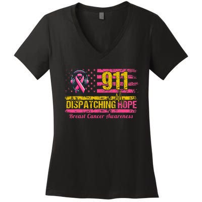 911 Dispatcher Breast Cancer Awareness American Flag Women's V-Neck T-Shirt