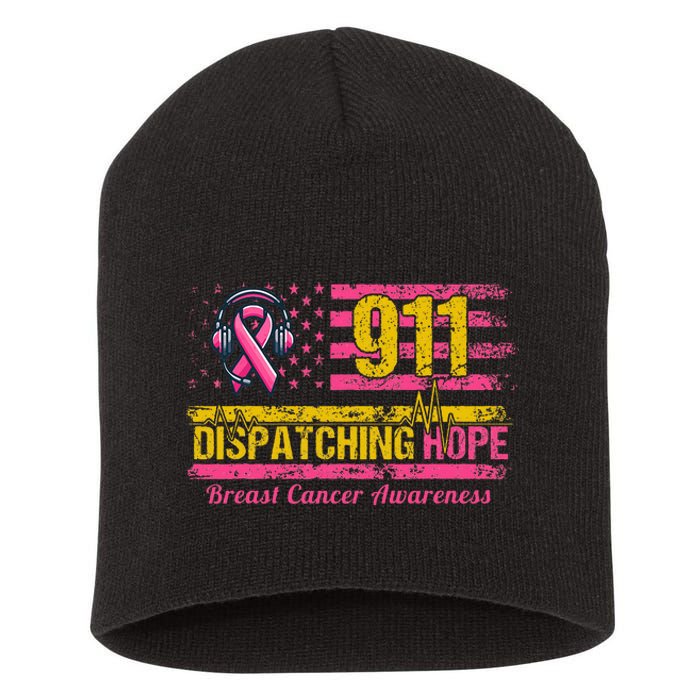 911 Dispatcher Breast Cancer Awareness American Flag Short Acrylic Beanie