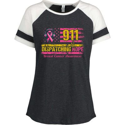 911 Dispatcher Breast Cancer Awareness American Flag Enza Ladies Jersey Colorblock Tee