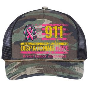 911 Dispatcher Breast Cancer Awareness American Flag Retro Rope Trucker Hat Cap