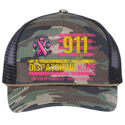 911 Dispatcher Breast Cancer Awareness American Flag Retro Rope Trucker Hat Cap