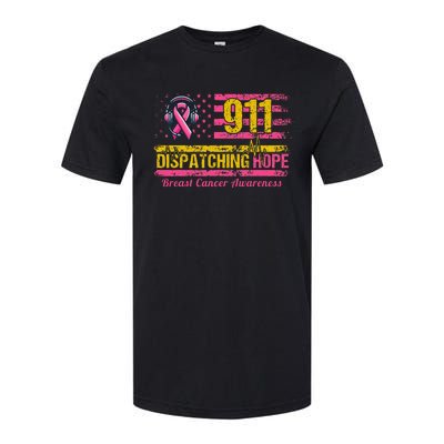 911 Dispatcher Breast Cancer Awareness American Flag Softstyle CVC T-Shirt