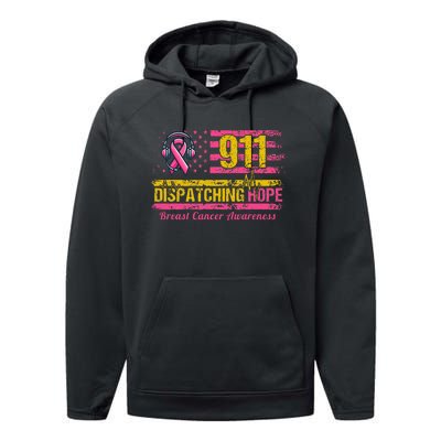 911 Dispatcher Breast Cancer Awareness American Flag Performance Fleece Hoodie