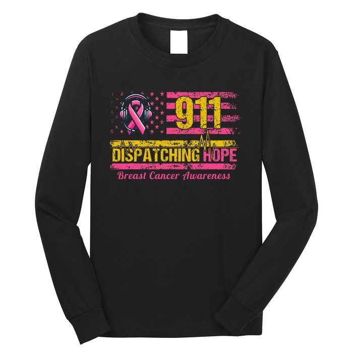 911 Dispatcher Breast Cancer Awareness American Flag Long Sleeve Shirt