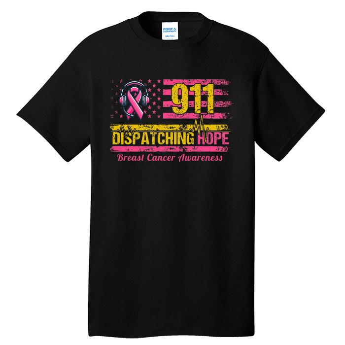 911 Dispatcher Breast Cancer Awareness American Flag Tall T-Shirt