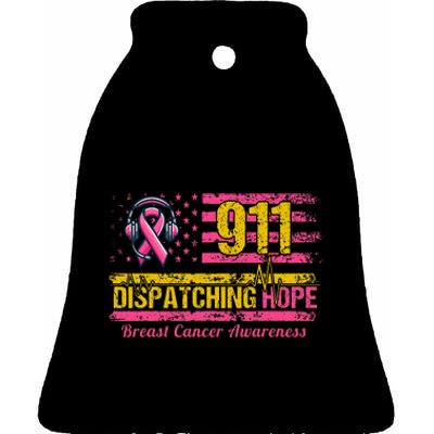 911 Dispatcher Breast Cancer Awareness American Flag Ceramic Bell Ornament