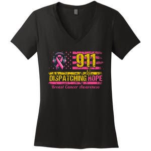 911 Dispatcher Breast Cancer Awareness American Flag Women's V-Neck T-Shirt