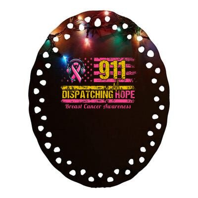 911 Dispatcher Breast Cancer Awareness American Flag Ceramic Oval Ornament