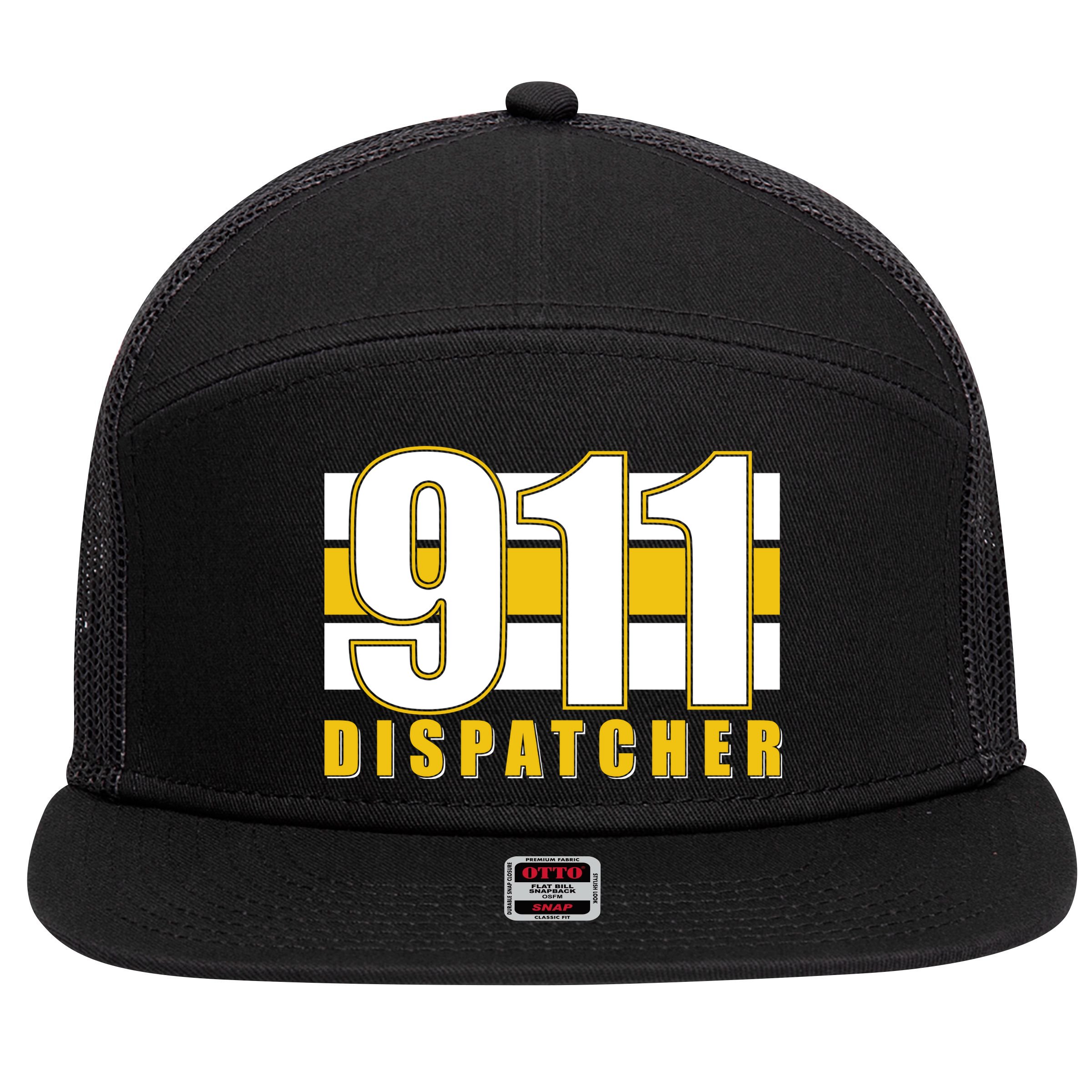 911 Dispatcher Thin Gold Line 7 Panel Mesh Trucker Snapback Hat