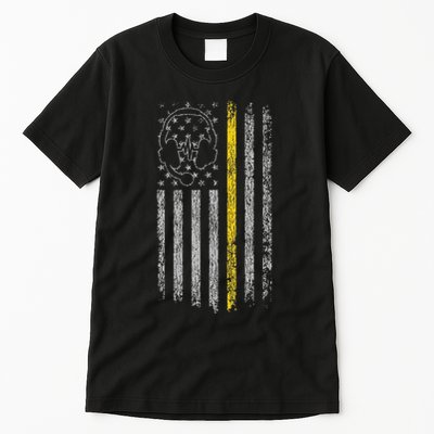 911 Dispatcher Thin Gold Yellow Line American Flag Tall T-Shirt