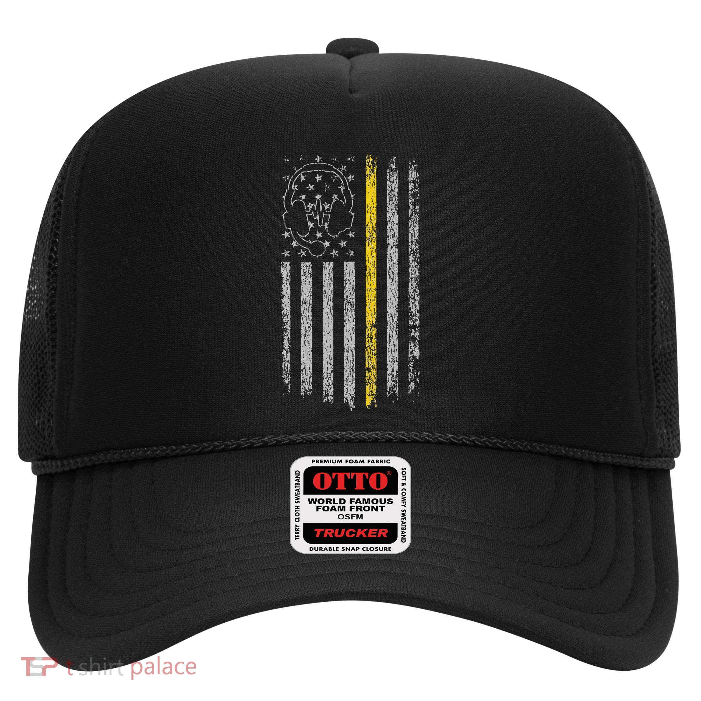 911 Dispatcher Thin Gold Yellow Line American Flag Trucker Hat