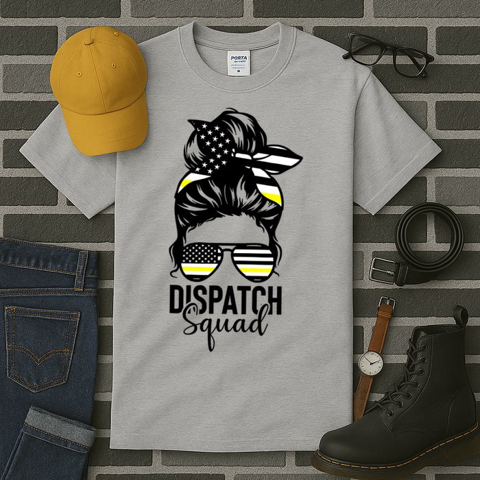 911 Dispatcher Week Dispatch Squad American Flag Messy Bun Tall T-Shirt
