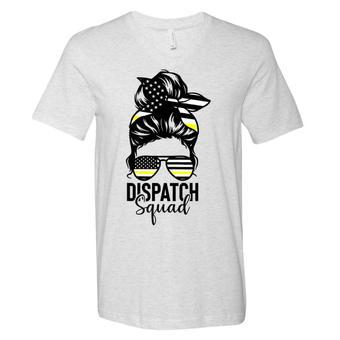 911 Dispatcher Week Dispatch Squad American Flag Messy Bun V-Neck T-Shirt