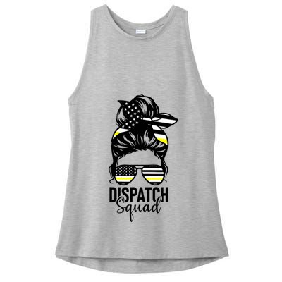 911 Dispatcher Week Dispatch Squad American Flag Messy Bun Ladies PosiCharge Tri-Blend Wicking Tank