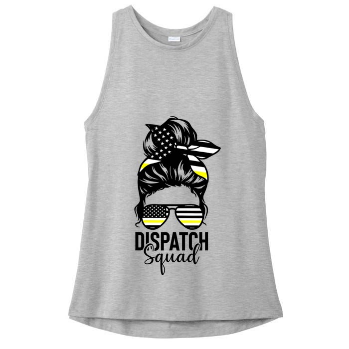 911 Dispatcher Week Dispatch Squad American Flag Messy Bun Ladies PosiCharge Tri-Blend Wicking Tank