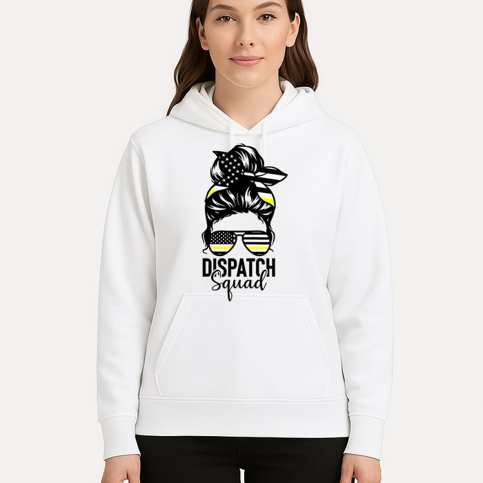 911 Dispatcher Week Dispatch Squad American Flag Messy Bun Hoodie