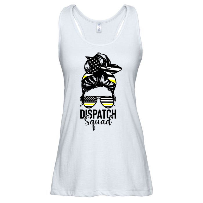 911 Dispatcher Week Dispatch Squad American Flag Messy Bun Ladies Essential Flowy Tank