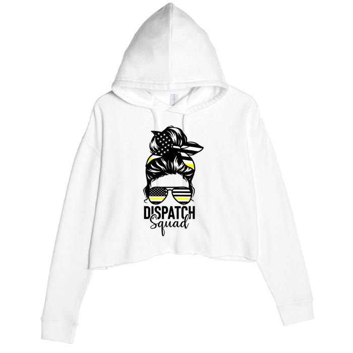911 Dispatcher Week Dispatch Squad American Flag Messy Bun Crop Fleece Hoodie