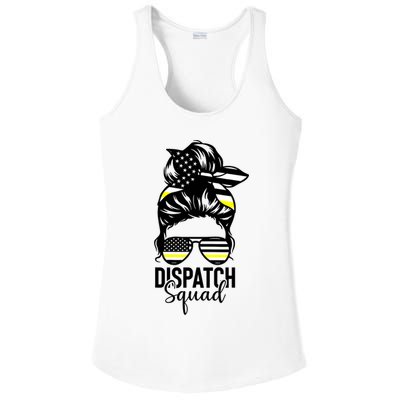 911 Dispatcher Week Dispatch Squad American Flag Messy Bun Ladies PosiCharge Competitor Racerback Tank