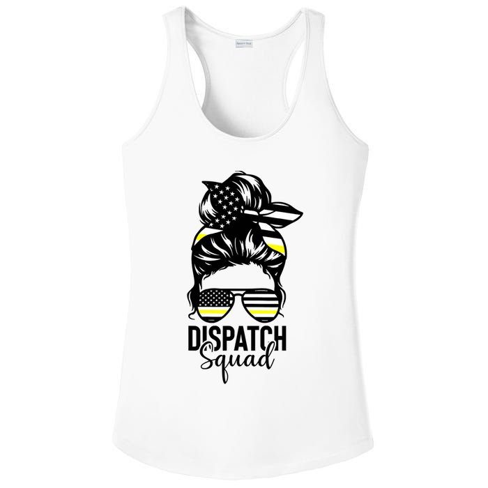 911 Dispatcher Week Dispatch Squad American Flag Messy Bun Ladies PosiCharge Competitor Racerback Tank