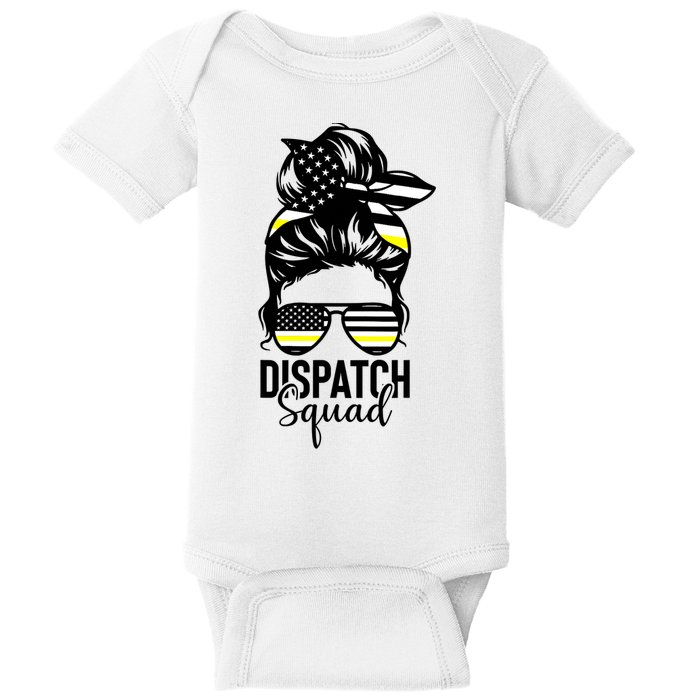911 Dispatcher Week Dispatch Squad American Flag Messy Bun Baby Bodysuit