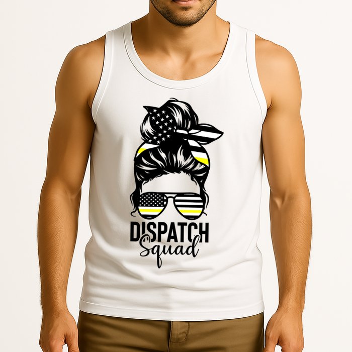911 Dispatcher Week Dispatch Squad American Flag Messy Bun Tank Top