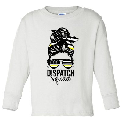 911 Dispatcher Week Dispatch Squad American Flag Messy Bun Toddler Long Sleeve Shirt