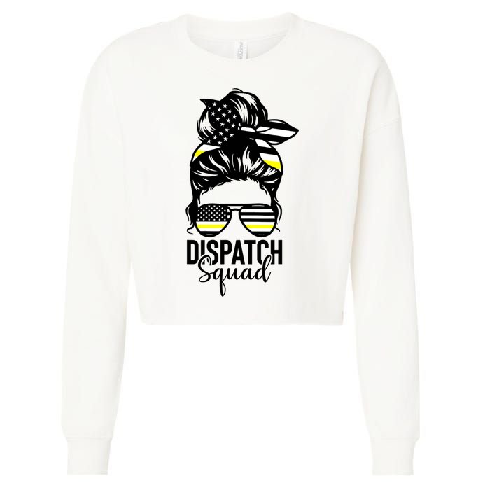 911 Dispatcher Week Dispatch Squad American Flag Messy Bun Cropped Pullover Crew