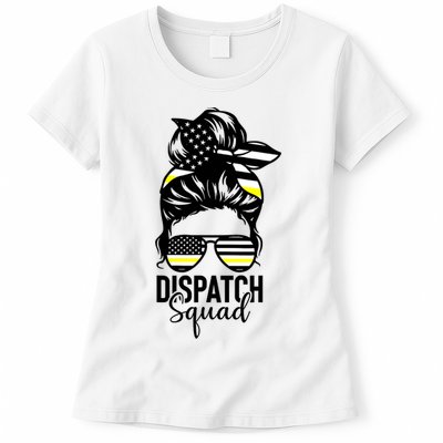 911 Dispatcher Week Dispatch Squad American Flag Messy Bun Womens T-Shirt