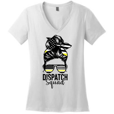 911 Dispatcher Week Dispatch Squad American Flag Messy Bun Women's V-Neck T-Shirt