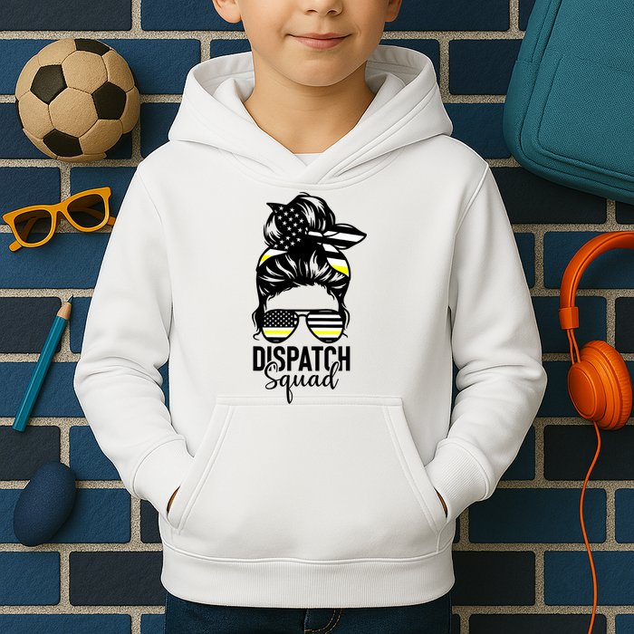 911 Dispatcher Week Dispatch Squad American Flag Messy Bun Kids Hoodie