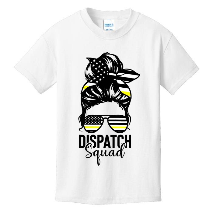 911 Dispatcher Week Dispatch Squad American Flag Messy Bun Kids T-Shirt