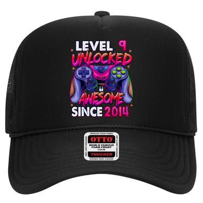 9th Gaming Birthday gift Level 9 Unlocked Awesome Video Game 2014 Birthday High Crown Mesh Back Trucker Hat